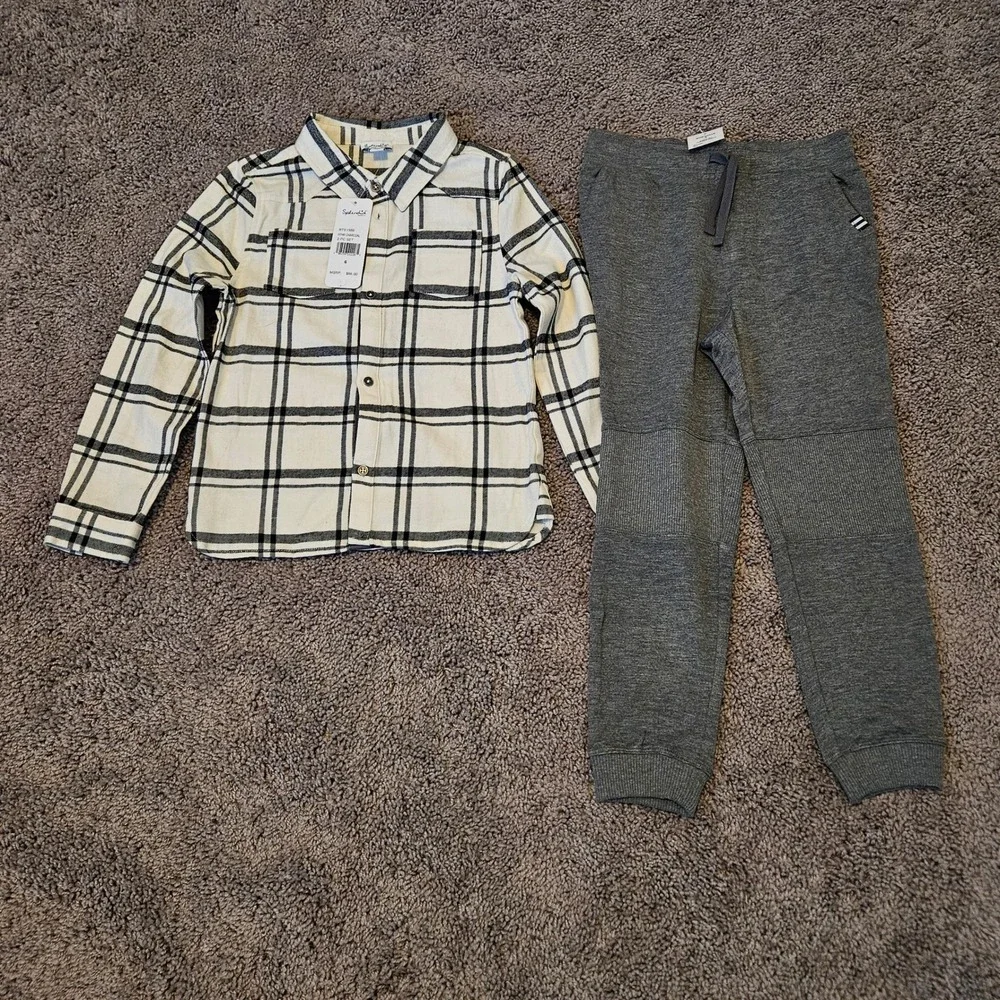 Splendid 2-Piece Flannel Jogger‎ Set Kids Size 6 Charcoal Cream NEW Plaid Shirt